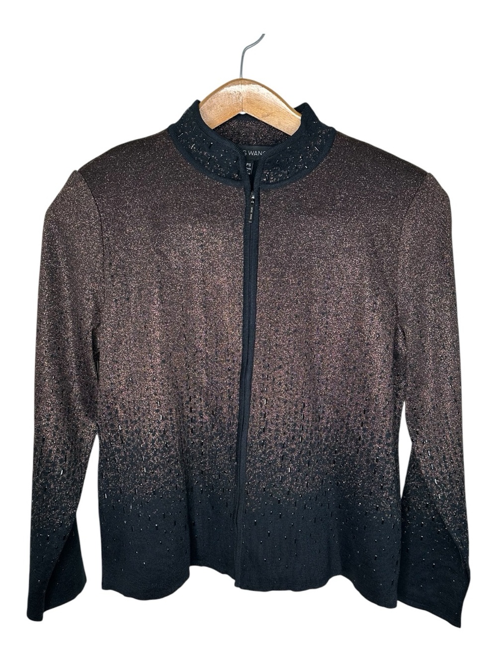 Ming Wang Jacket Size Petite Small Bronze Brown Black Sequins Beads Zip Front
